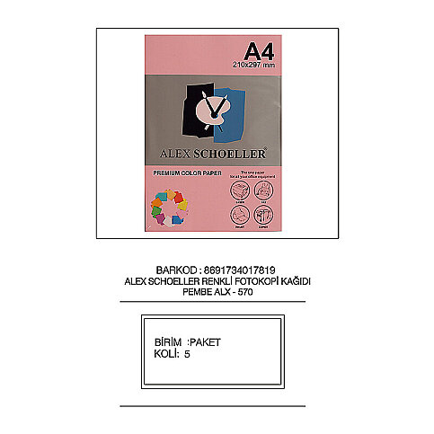 ALEX SCHOELLER ALX-570 RENKLİ FOTOKOPİ KAĞIDI A4 80gr PEMBE 500LÜ (451.70) - 1