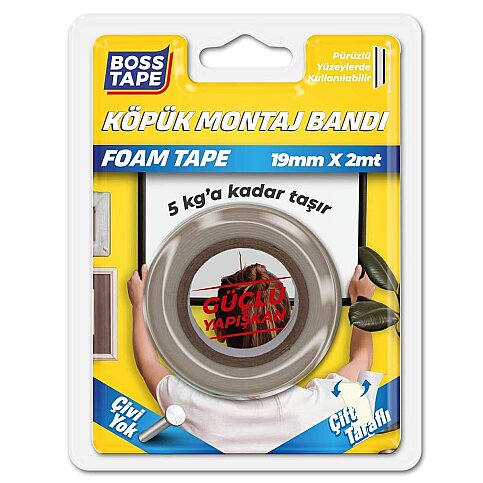 BOSS TAPE 2718 ÇİFT TARAFLI KÖPÜK BANT 19mmx2m (HAFİF AĞIRLIK 5kg) - 1