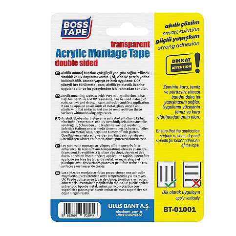 BOSS TAPE 2947 ÇİFT TARAFLI AKRİLİK MONTAJ BANDI 18mmx2m ŞEFFAF - 3