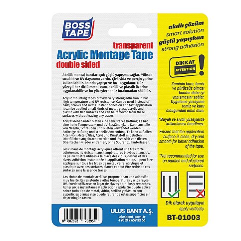 BOSS TAPE 2954 ÇİFT TARAFLI AKRİLİK MONTAJ BANDI 24mmx2m ŞEFFAF - 3