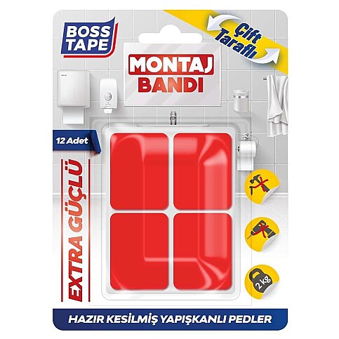 BOSS TAPE 3876 ÇİFT TARAFLI EKSTRA GÜÇLÜ MONTAJ BANDI PED 25mmx30mm 12Lİ BLİSTER - 1