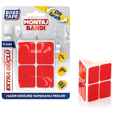 BOSS TAPE 3876 ÇİFT TARAFLI EKSTRA GÜÇLÜ MONTAJ BANDI PED 25mmx30mm 12Lİ BLİSTER - 2