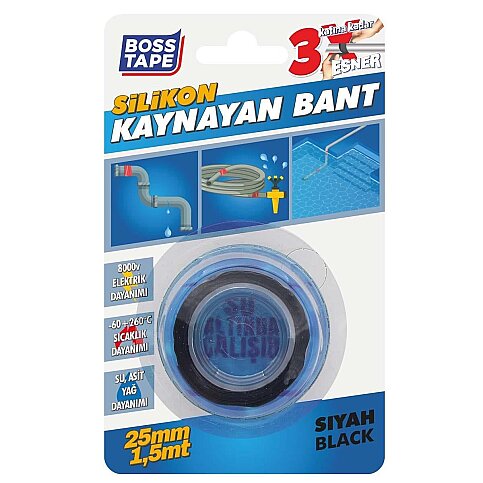 BOSS TAPE 6198 SUYA DAYANIKLI SİLİKON KAYNAYAN BANT 25mmx1.5m SİYAH - 1
