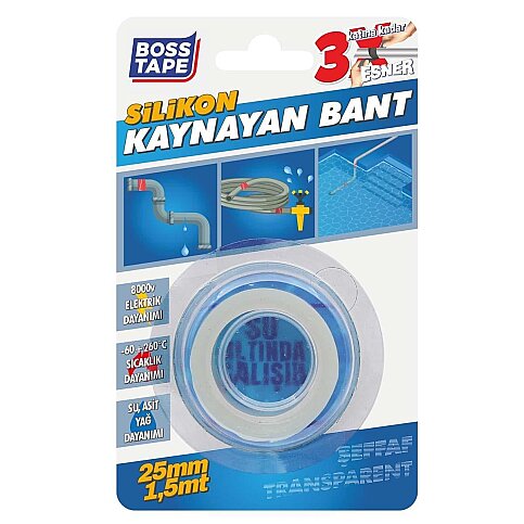 BOSS TAPE 6266 SUYA DAYANIKLI SİLİKON KAYNAYAN BANT 25mmx1.5m ŞEFFAF - 1