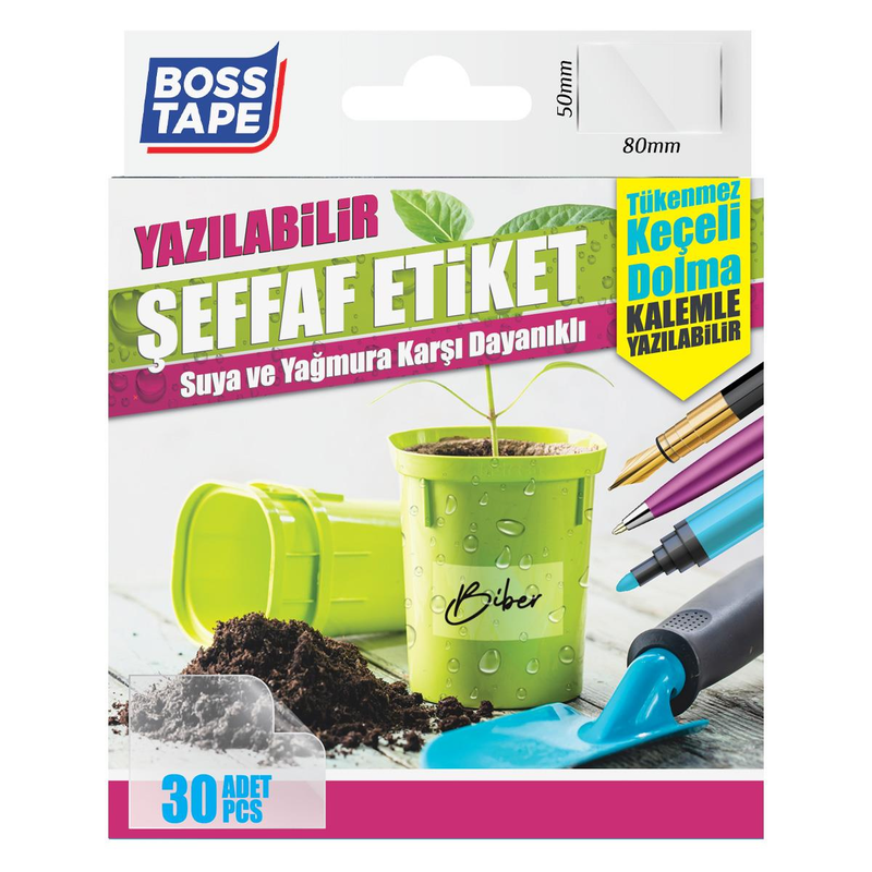 BOSS TAPE 6518 SUYA DAYANIKLI YAZILABİLİR ETİKET ŞEFFAF 50x80mm 30LU