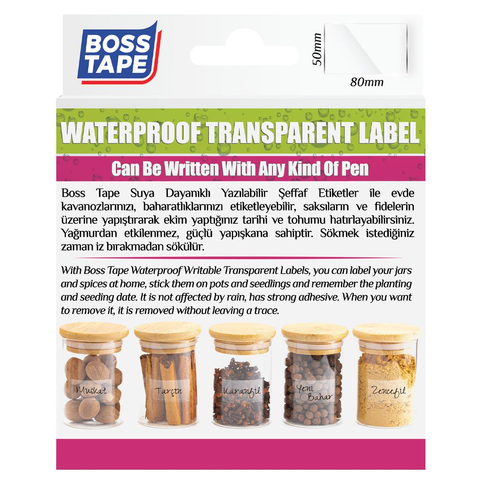 Boss Tape 6518 Suya Dayanıklı Yazılabilir Etiket Şeffaf 50X80Mm 30Lu - 3