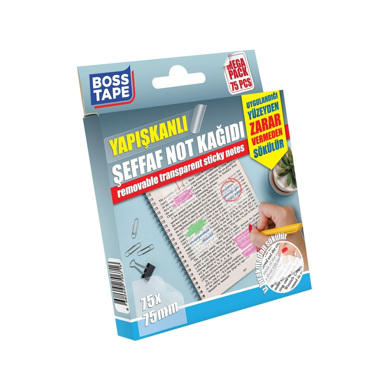 BOSS TAPE 6693 YAPIŞKANLI NOT KAĞIDI 75x75mm ŞEFFAF 25Lİ