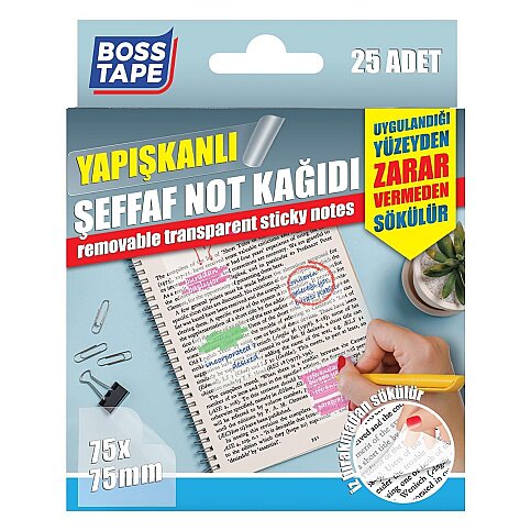 BOSS TAPE 6693 YAPIŞKANLI NOT KAĞIDI 75x75mm ŞEFFAF 25Lİ - 1