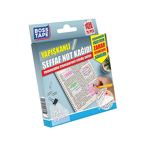 BOSS TAPE 6693 YAPIŞKANLI NOT KAĞIDI 75x75mm ŞEFFAF 25Lİ - 1