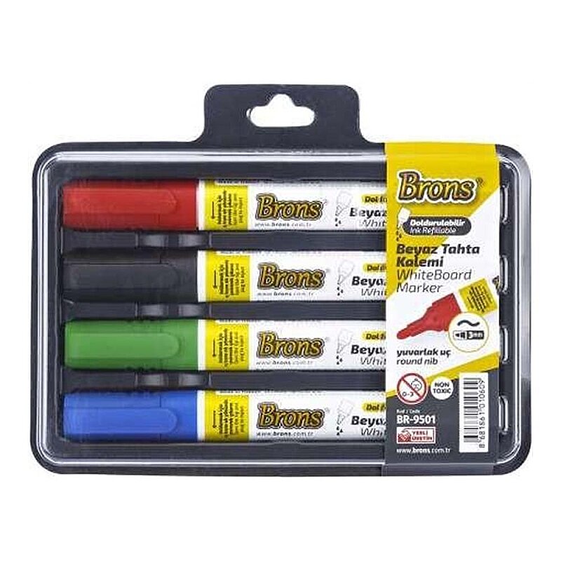 BRONS BR-9501 DOLDURULABİLİR BEYAZ TAHTA KALEMİ 4LÜ SET (SİYAH MAVİ KIRMIZI YEŞİL)