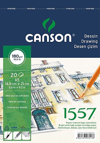 CANSON 1557 ÜSTTEN SPİRALLİ ÇİZİM BLOĞU A5 20 YAPRAK 180gr (FCNS18020A5US) - 1