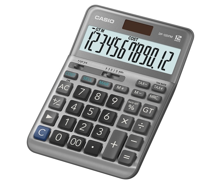 CASİO DF-120 FM MASA ÜSTÜ HESAP MAKİNESİ 12 HANE METAL YÜZEY ORTA BOY (TAX-VERGİ MALİYET HESAPLAMA)
