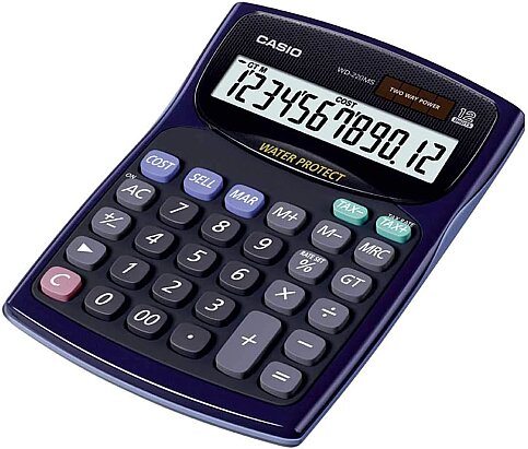 CASİO WD-220 MNS-BU MASA ÜSTÜ HESAP MAKİNESİ 12 HANE SİYAH (TAX SU KORUMALI KAPAK) - 1