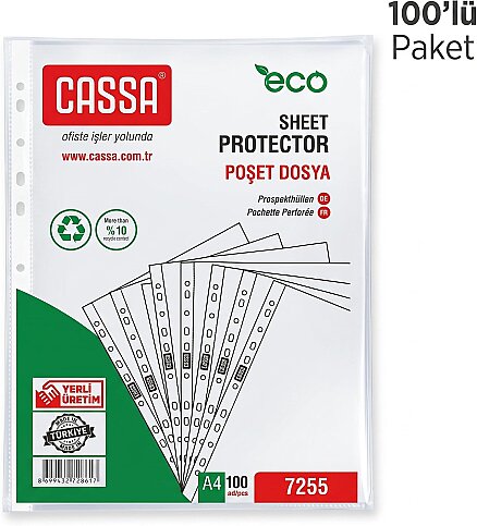 CASSA 7255 ECO DELİKLİ POŞET DOSYA 35 MİKRON A4 100LÜ - 1