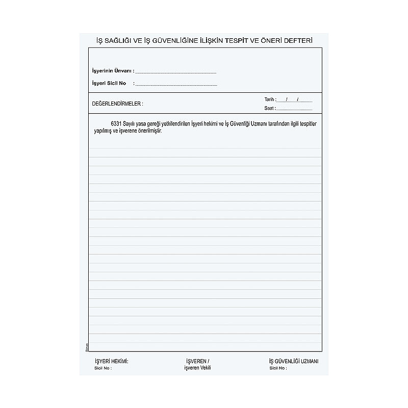 DİLMAN İŞ SAĞLIĞI VE GÜVENLİK TESPİT ÖNERİ DEFTERİ A4 3 NÜSHA 50 YAPRAK NUMARALI (CİLTLİ)(5346)