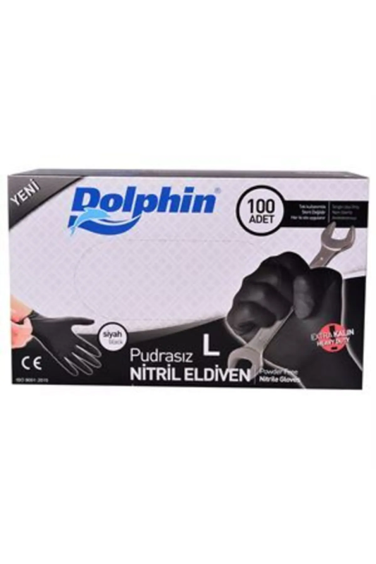 DOLPHİN KALIN PUDRASIZ NİTRİL MUAYENE ELDİVENİ LARGE SİYAH 100LÜ