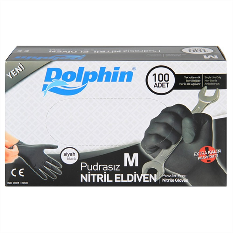 DOLPHİN KALIN PUDRASIZ NİTRİL MUAYENE ELDİVENİ MEDİUM SİYAH 100LÜ