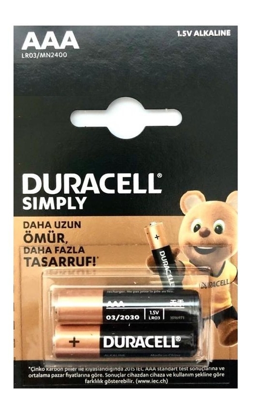 DURACELL SİMPLY ALKALİN AAA İNCE KALEM PİL 1.5V 2Lİ BLİSTER (LR03- MN2400)