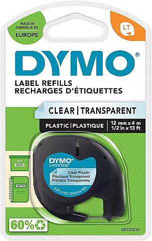 DYMO 12268 LETRATAG PLASTİK ŞERİT 12mmx4m ŞEFFAF (S0721530) - 1