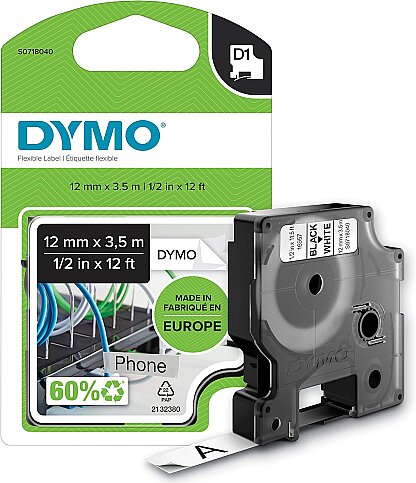 DYMO 18488 ESNEK NAYLON ŞERİT 12mmx3.5m SİYAH-BEYAZ (S0718040) - 1