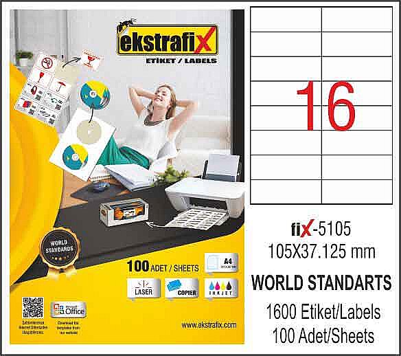 EKSTRAFİX FİX-5105 LASER ETİKET 105x37.125mm16x100 1600 ADET