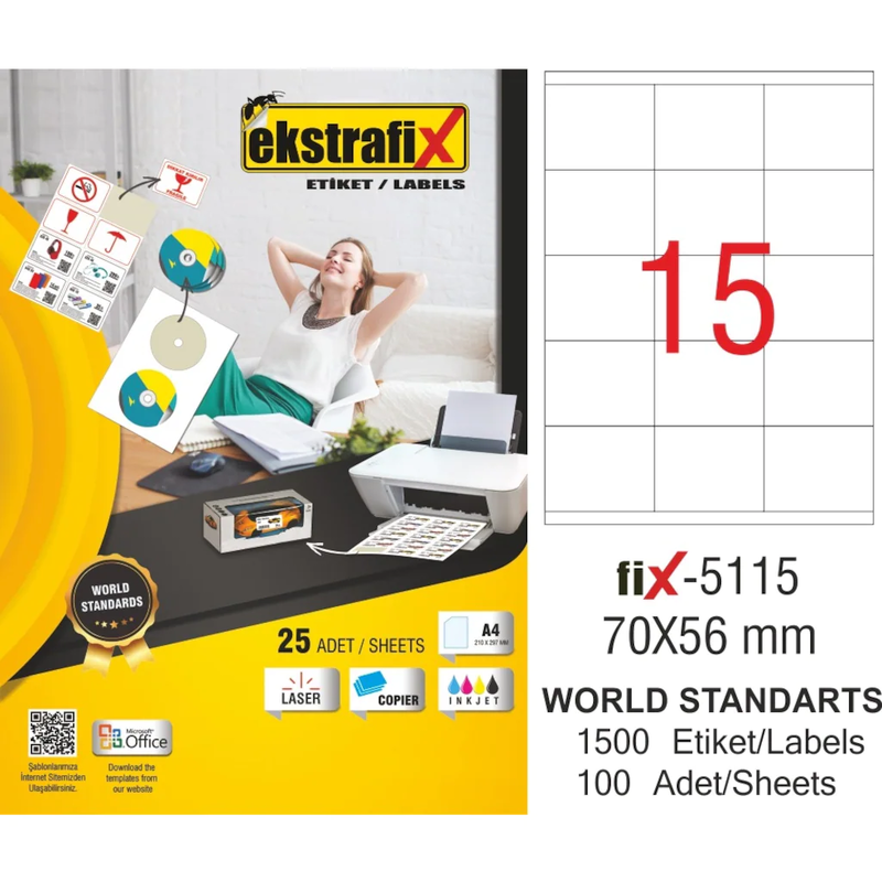 EKSTRAFİX 5115 LASER ETİKET 70x56mm 15x100 1500 ADET