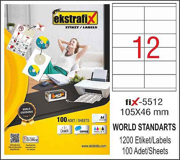 EKSTRAFİX FİX-5512 LASER ETİKET 105x46mm 12x100 1200 ADET