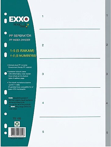 EXXO DOS-TS105 PLASTİK AYRAÇ A4 1-5 RAKAM GRİ - 1