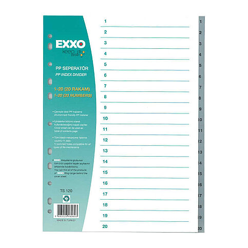EXXO DOS-TS120 PLASTİK AYRAÇ A4 1-20 RAKAM GRİ - 1