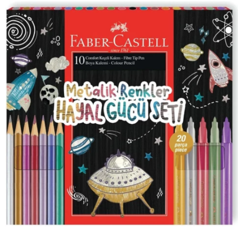 FABER-CASTELL HAYAL GÜCÜ UZAY KURU BOYA+KEÇELİ KALEM SETİ METALİK 20 RENK (5062000021) - 1
