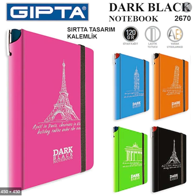 GIPTA 2670 DARK SERT KAPAK SİYAH DEFTER 13x21 DÜZ 64 YAPRAK
