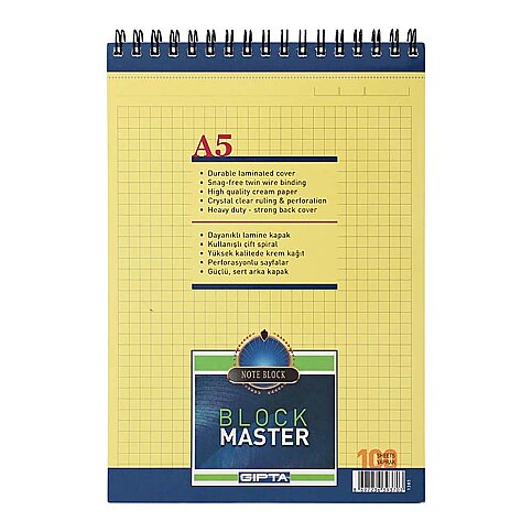 GIPTA 1385 BLOCK MASTER SPİRALLİ BLOKNOT A5 KARELİ 100 YAPRAK (1385000-2181) - 1
