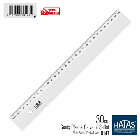 Hatas 0147 Geniş Plastik Cetvel 30Cm Şeffaf - 1