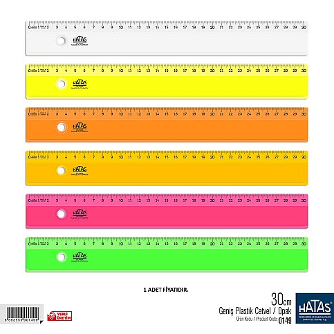 HATAS 0149 GENİŞ PLASTİK CETVEL 30cm OPAK - 1