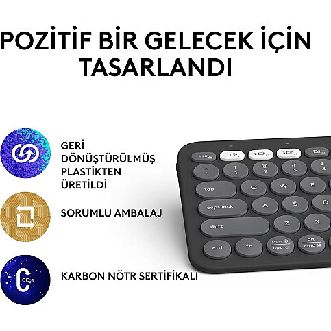 LOGİTECH K380S KABLOSUZ KLAVYE PEBBLE KEYS SİYAH(920-011859) - 3