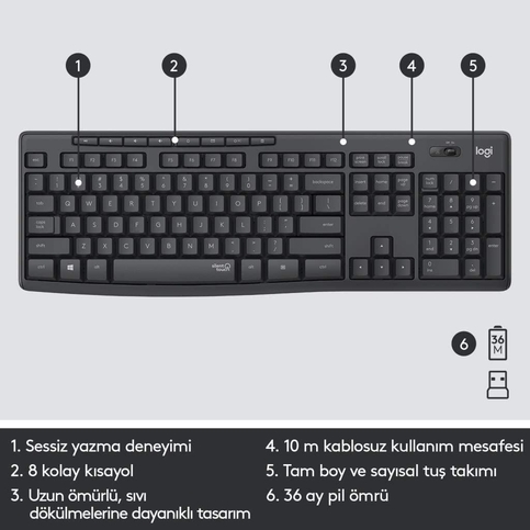 Logitech Mk295 Kablosuz Klavye Mouse Tr Usb Siyah (920-009804) - 2