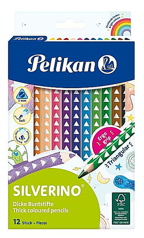 Pelikan Silverino Jumbo Üçgen Kuru Boya Tam Boy 12 Renk Karton Kutu (P-700627) - 1