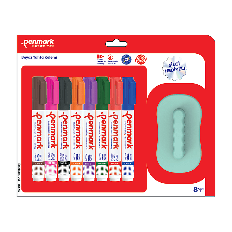 PENMARK HS-305-TKS-08 BEYAZ TAHTA KALEMİ SİLGİ HEDİYELİ 8 RENK BLİSTER
