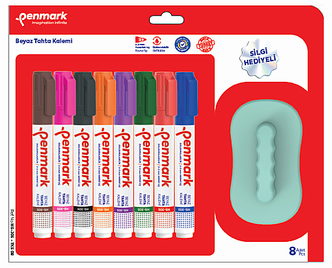 PENMARK HS-305-TKS-08 BEYAZ TAHTA KALEMİ SİLGİ HEDİYELİ 8 RENK BLİSTER - 1