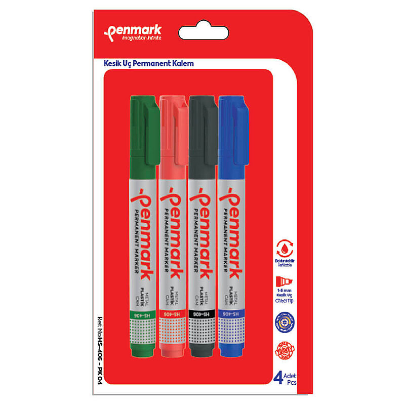 PENMARK HS-406-PK-04 PERMANENT MARKÖR KESİK UÇ 4 RENK BLİSTER