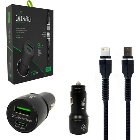 POWERWAY CC35 USB-C LİGHTNİNG ARAÇ ŞARJ CİHAZI QC 3.0 PD20W