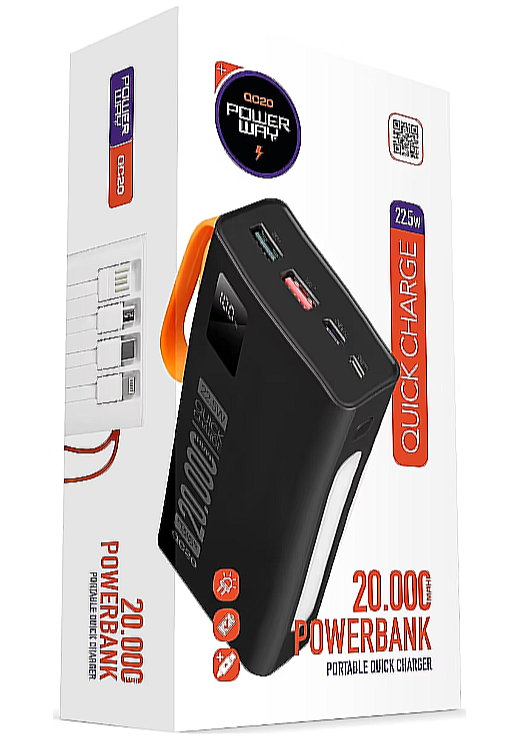 POWERWAY QC20 POWERBANK DİJİTAL GÖSTERGELİ MİKRO USB 20.000mAh LİGHTNENİNG TYPE C GİRİŞLİ 22.5w SİYAH