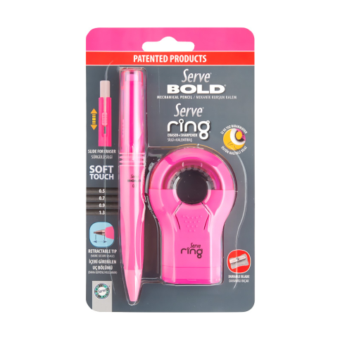 Serve Ring Versatil Kalem 07+Silgi+Kalemtraş Seti Fosforlu Pembe (Sv-Br07B2Fp) - 1