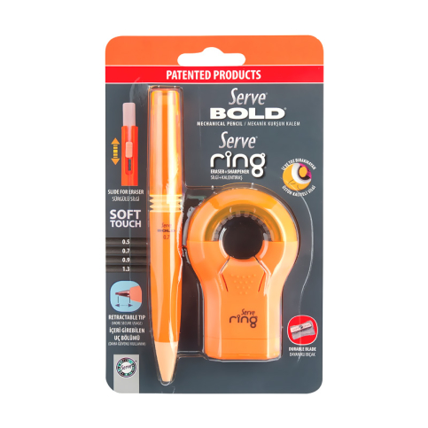 Serve Ring Versatil Kalem 07+Silgi+Kalemtraş Seti Fosforlu Turuncu (Sv-Br07B2Ft) - 1