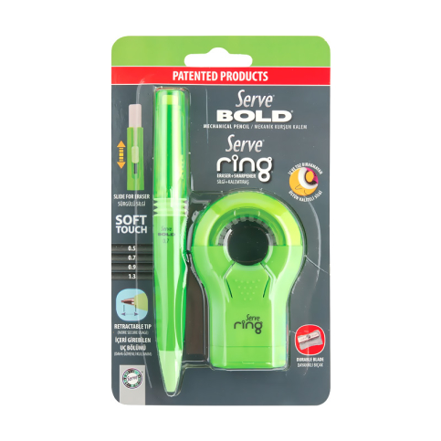 Serve Ring Versatil Kalem+Silgi+Kalemtraş Seti 07 Fosforlu Yeşil (Sv-Br07B2Fy) - 1