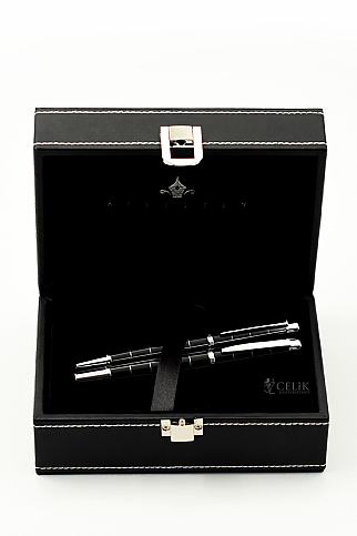STEELPEN 2721 DOLMA KALEM+TÜKENMEZ KALEM SETİ SİYAH LAKE - 1