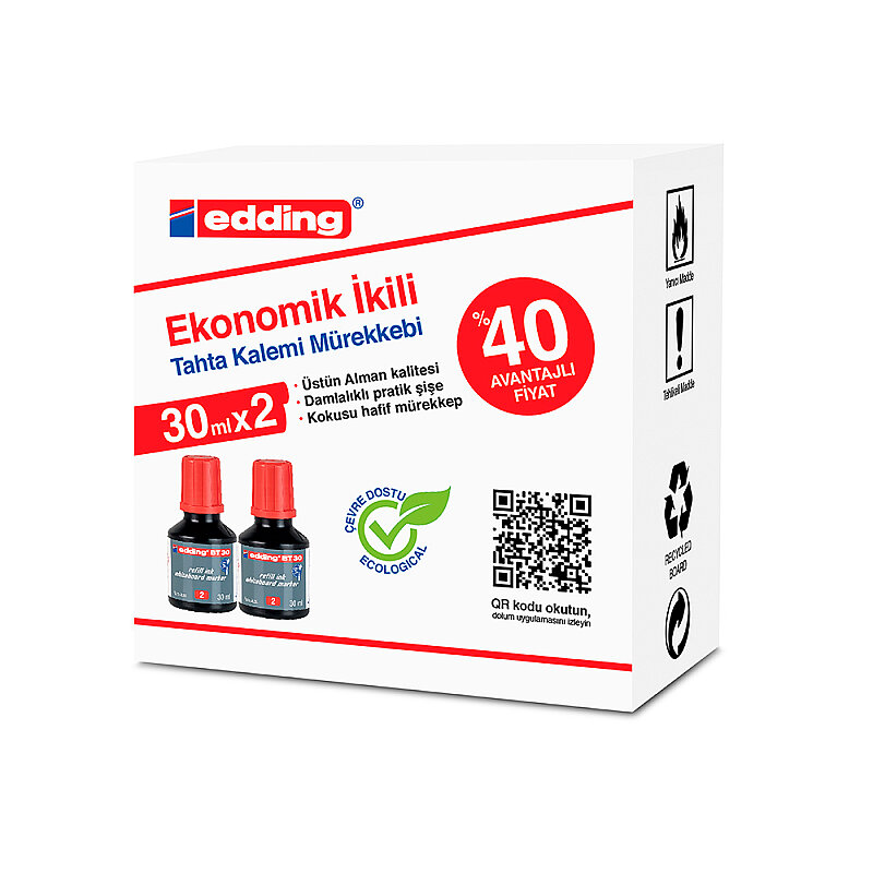 EDDİNG BT 30 TAHTA KALEM MÜREKKEBİ KIRMIZI 30ml 2Lİ