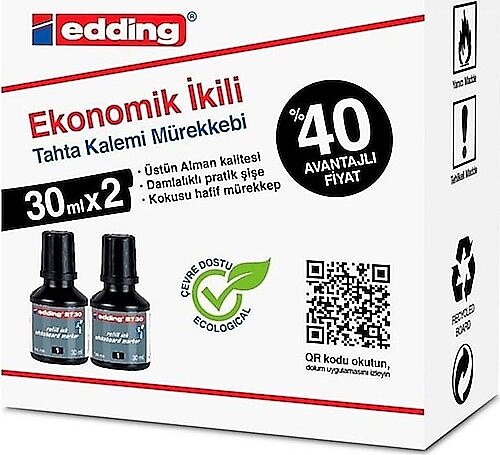EDDİNG BT 30 TAHTA KALEM MÜREKKEBİ SİYAH 30ml 2Lİ