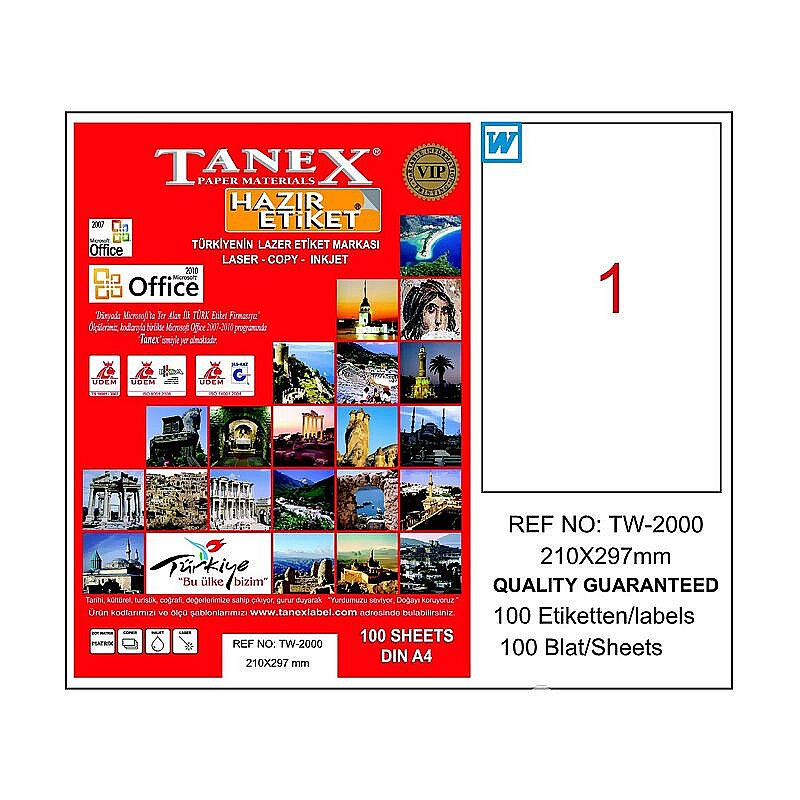 TANEX 2000 ŞEFFAF LASER ETİKET 210x297mm 1x25 25 ADET