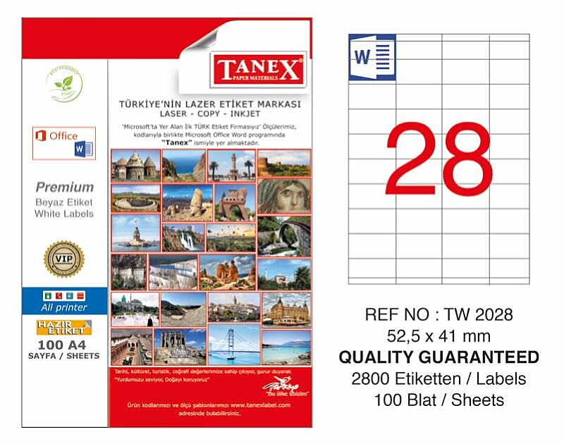TANEX 2028 LASER ETİKET 52x41mm 28x100 2800 ADET